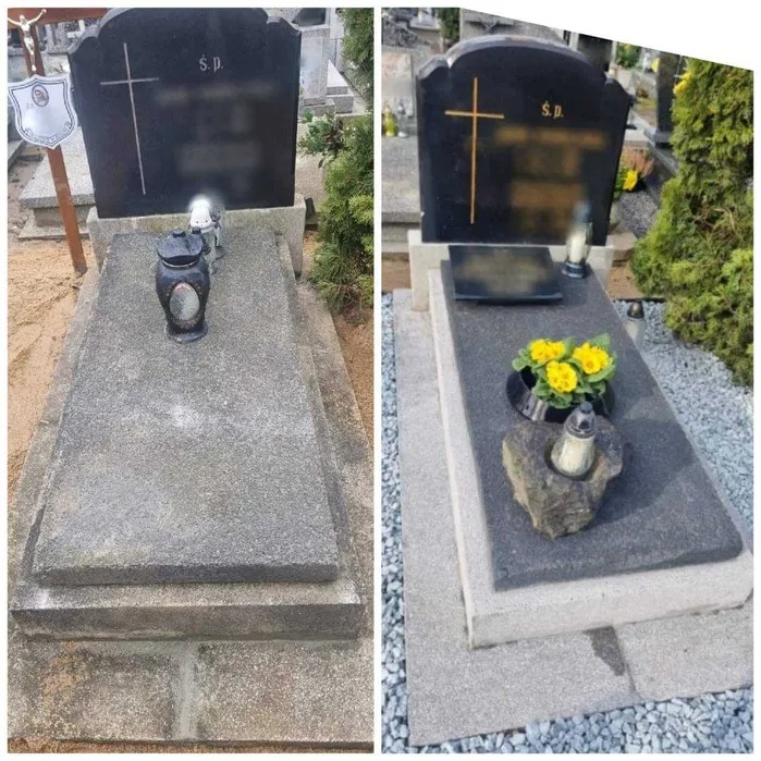 Porównanie nagrobka przed i po czyszczeniu: po lewej zaniedbany, po prawej odnowiony, z kwiatami i nowym lampionem. Widoczne różnice w kolorze kamienia i otoczenia.