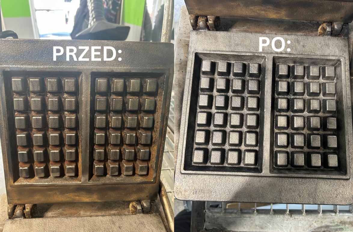 Forma do gofrów przed i po czyszczeniu: zardzewiała (PRZED) i wyczyszczona (PO). Widoczne detale kwadratowych wgłębień i metalowej konstrukcji.