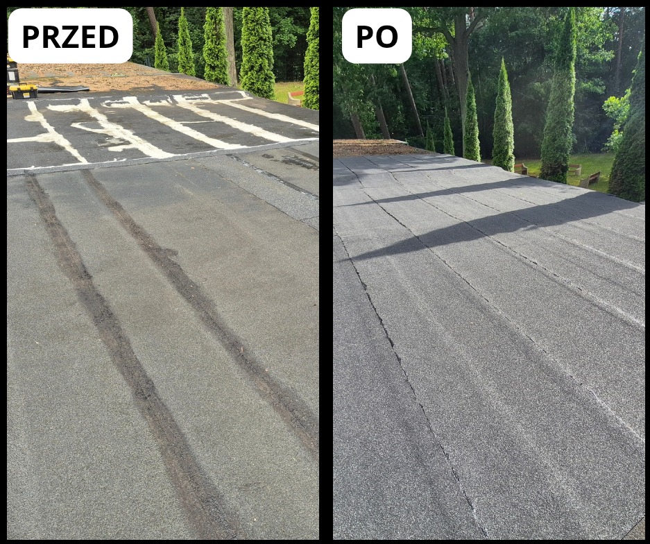 Zdjęcie dachu w układzie 'przed i po' z widocznymi śladami naprawy i nową, szarą powierzchnią. W tle zieleń drzew.