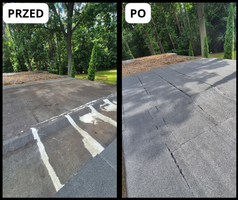 Zdjęcie dachu płaskiego w układzie 'przed' i 'po' remoncie. Widoczne zmiany w pokryciu i ogólny stan dachu na tle zieleni drzew.