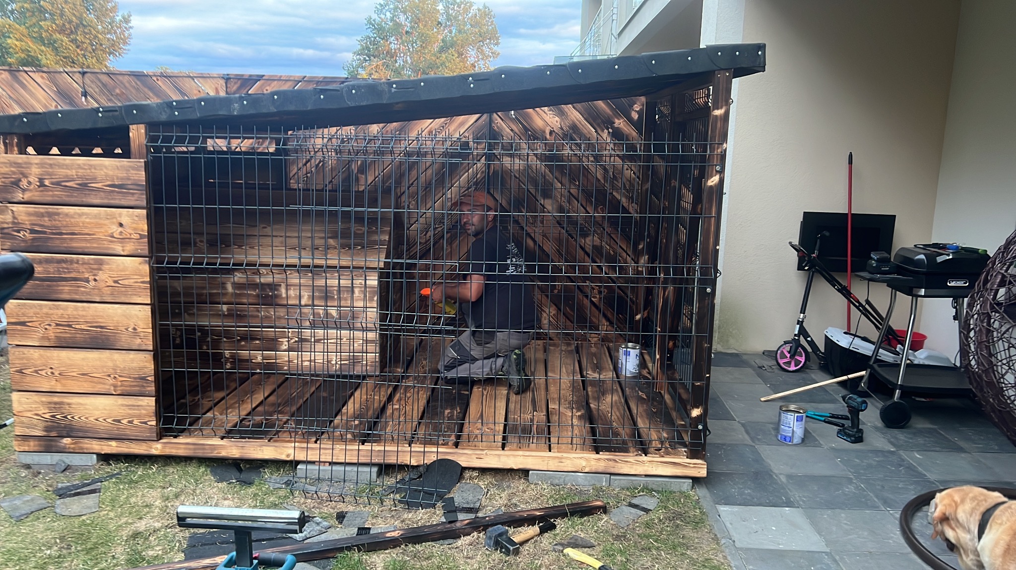 Mężczyzna wewnątrz drewnianej konstrukcji z siatką, malujący drewno na ciemny kolor, widoczne narzędzia i puszka farby, na zewnątrz domu.