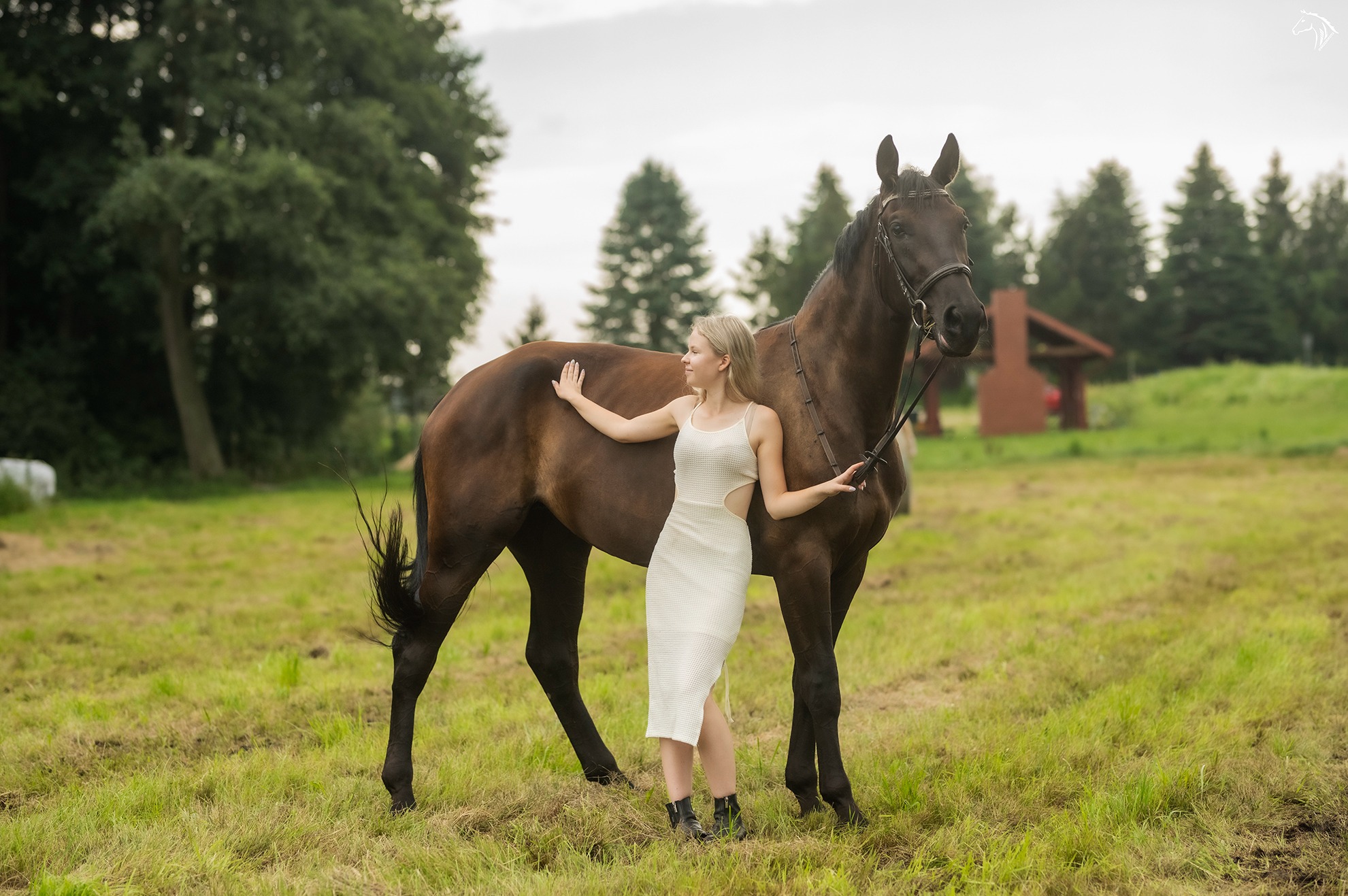 Blondwłosa kobieta w białej sukience pozuje z brązowym koniem na zielonej łące, w tle widoczne drzewa i budynek.