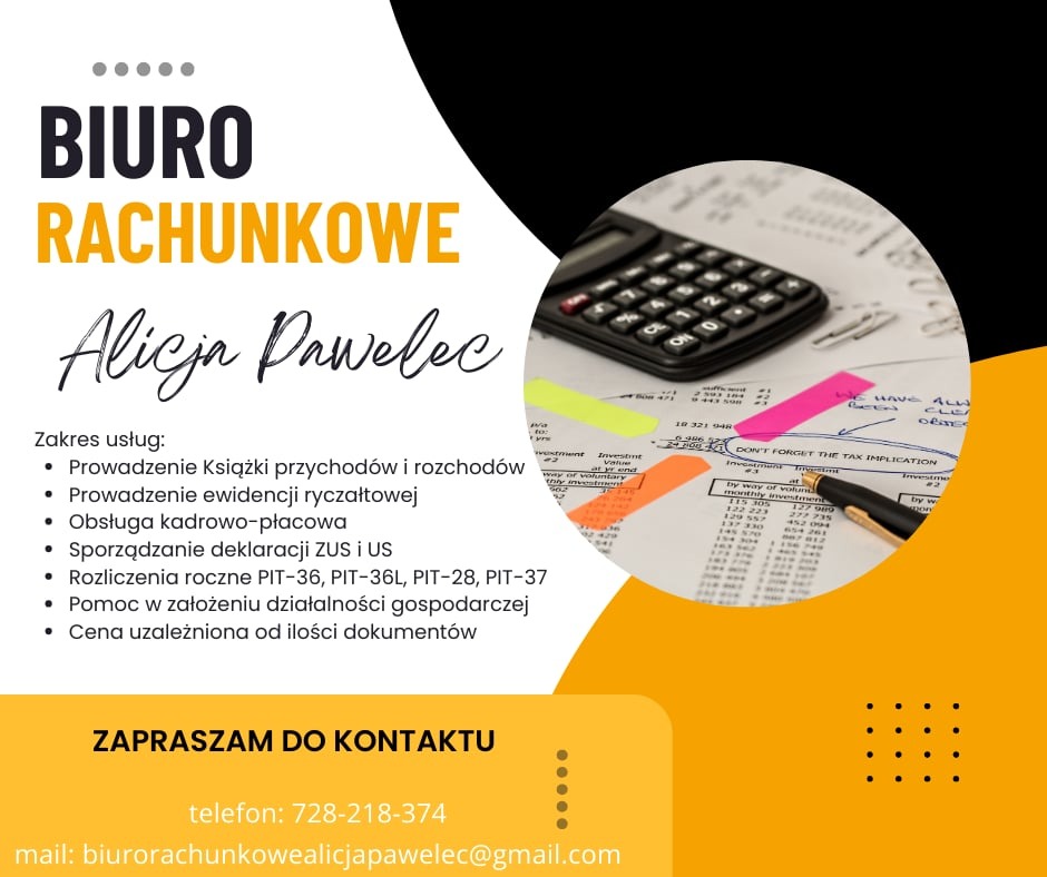 Reklama biura rachunkowego Alicja Pawelec z kalkulatorem, dokumentami i długopisem, podkreślająca usługi kadrowo-płacowe, rozliczenia PIT i obsługę ZUS.