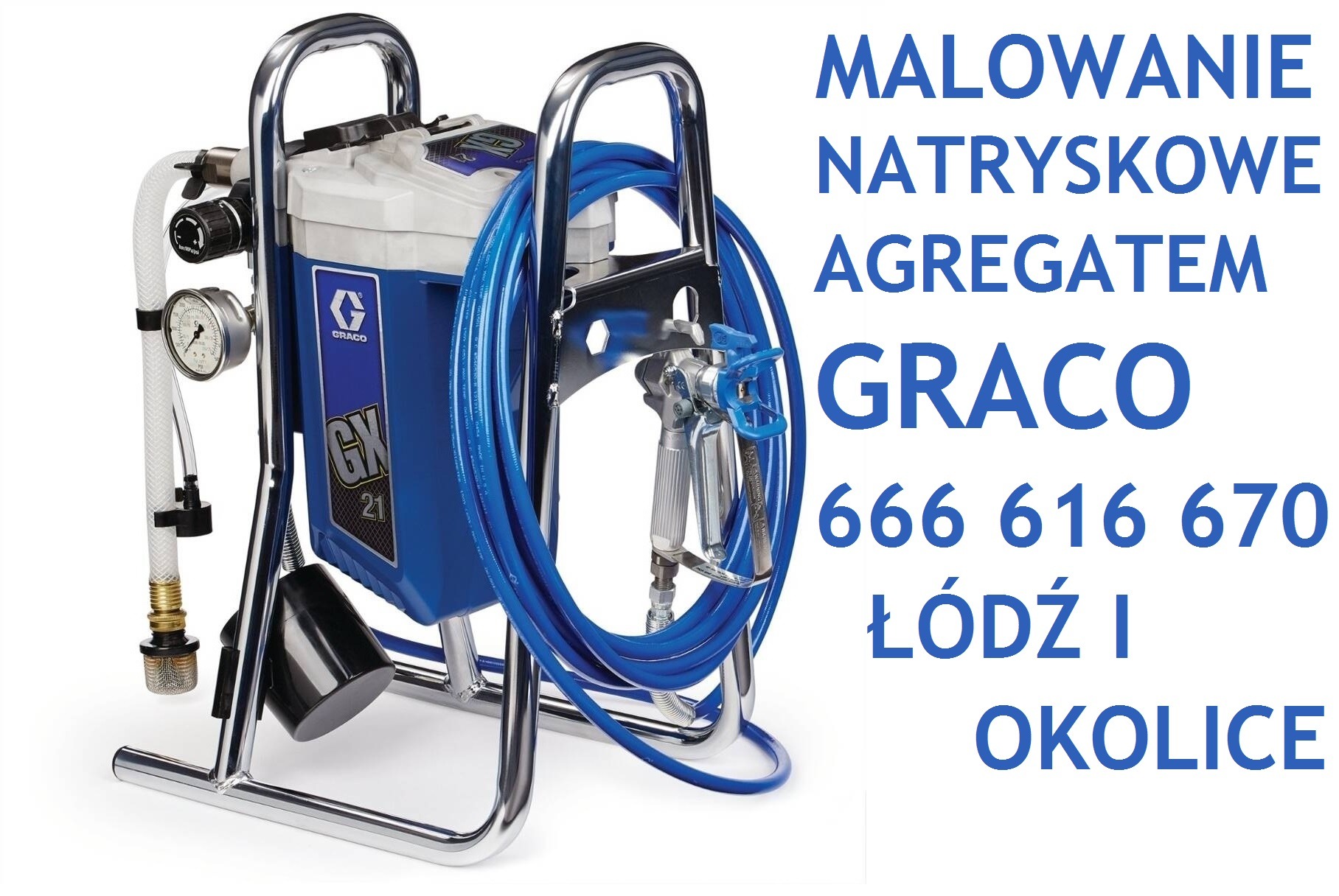 Agregat malarski Graco GX 21 do malowania natryskowego oferowany przez firmę z Łodzi, widoczny pistolet natryskowy i wąż.