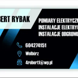 Wizytówka firmy Roberta Rybaka oferującej usługi: pomiary, instalacje elektryczne oraz instalacje odgromowe, z numerem telefonu, adresem i adresem e-mail.
