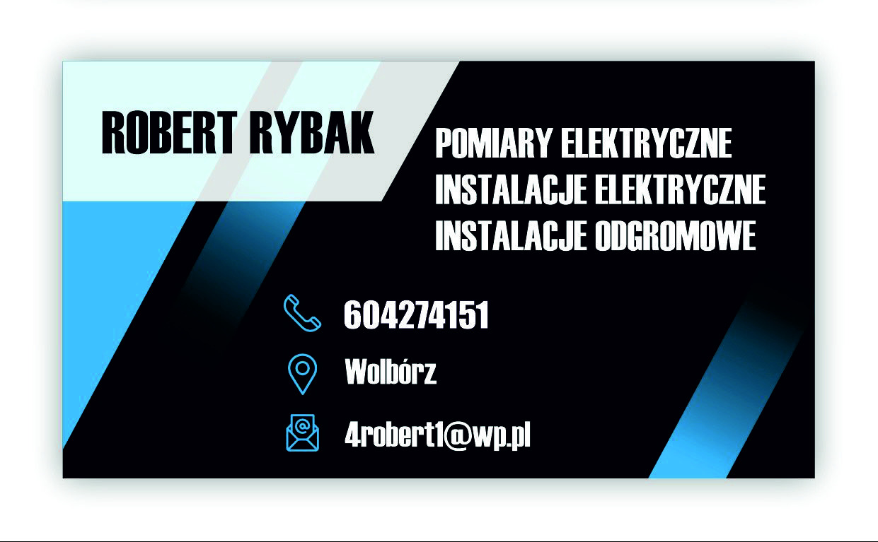 Wizytówka firmy Roberta Rybaka oferującej usługi: pomiary, instalacje elektryczne oraz instalacje odgromowe, z numerem telefonu, adresem i adresem e-mail.