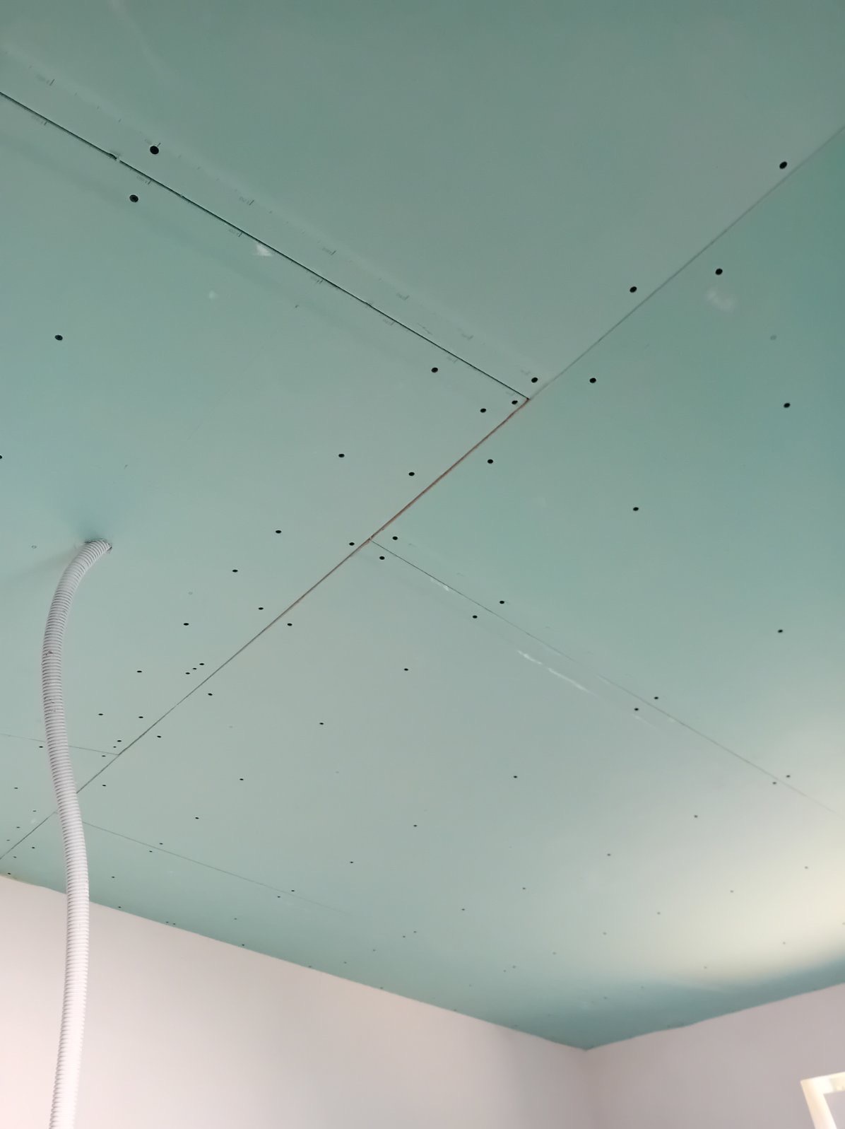 Zielona płyta kartonowo-gipsowa zamontowana na suficie, widoczne wkręty i przewód instalacyjny w peszlu.