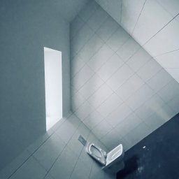 Construction Beton and Steel Poland - Wnętrze łazienki w trakcie remontu, widok od dołu: białe płytki na ścianach i podłodze, częściowo zamontowana toaleta, otwór okienny bez okna, widoczne ślady po pracach wykończeniowych.