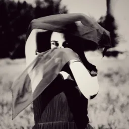 Czarno-białe zdjęcie kobiety w długiej sukni, z twarzą częściowo zasłoniętą materiałem, na tle polnego krajobrazu z wieżą w oddali, wykonane w Piotrków Trybunalski.