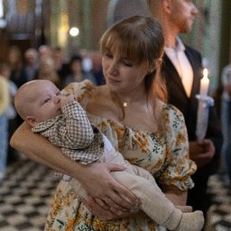 Arkadiusz Sęk Fotografia - Młoda kobieta w kwiecistej sukience delikatnie trzyma niemowlę w kratkę, podczas ceremonii chrztu w kościele, z widoczną świecą i szachownicową posadzką.