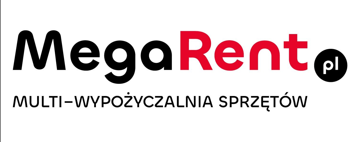Logo MegaRent.pl, multi-wypożyczalnia sprzętów, czarno-czerwona grafika na białym tle.