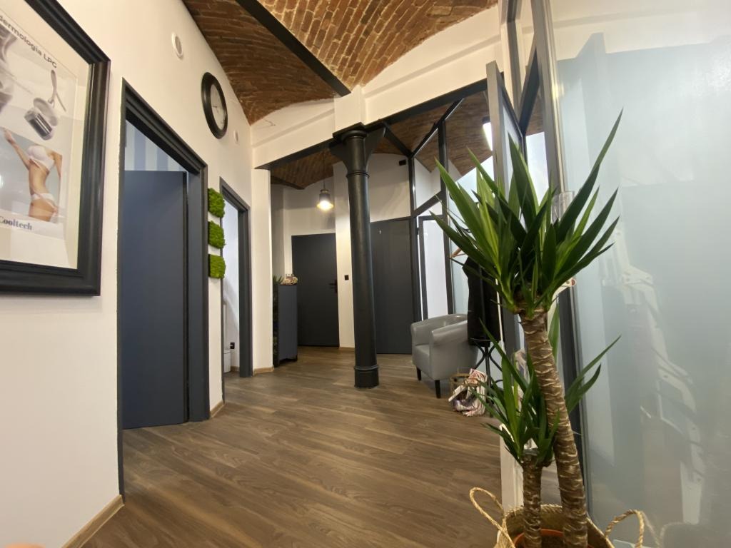 Wnętrze salonu z ceglanym sklepieniem, ciemnymi drzwiami i kolumnami, drewnianą podłogą, rośliną w koszu i plakatem na ścianie.