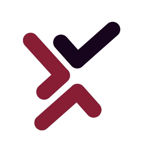 Abstrakcyjne logo z dwoma strzałkami w kolorze burgundowym i czarnym, skierowanymi w przeciwne strony, na białym tle. Symbolizuje dynamikę i kompleksowe rozwiązania.