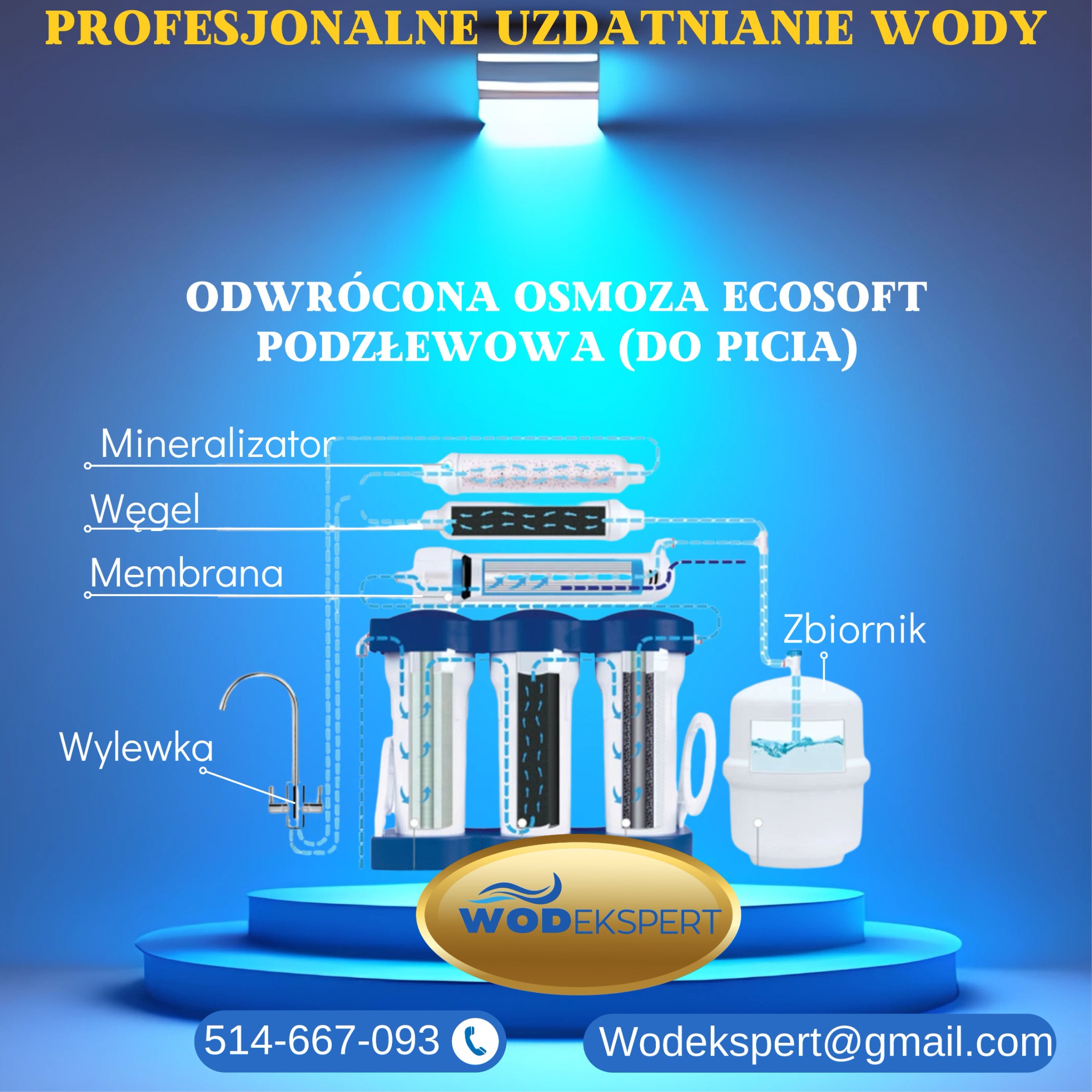 Grafika prezentująca schemat podzlewowego systemu odwróconej osmozy Ecosoft do uzdatniania wody pitnej, z elementami takimi jak mineralizator, węgiel, membrana, wylewka i zbiornik, umieszczona...
