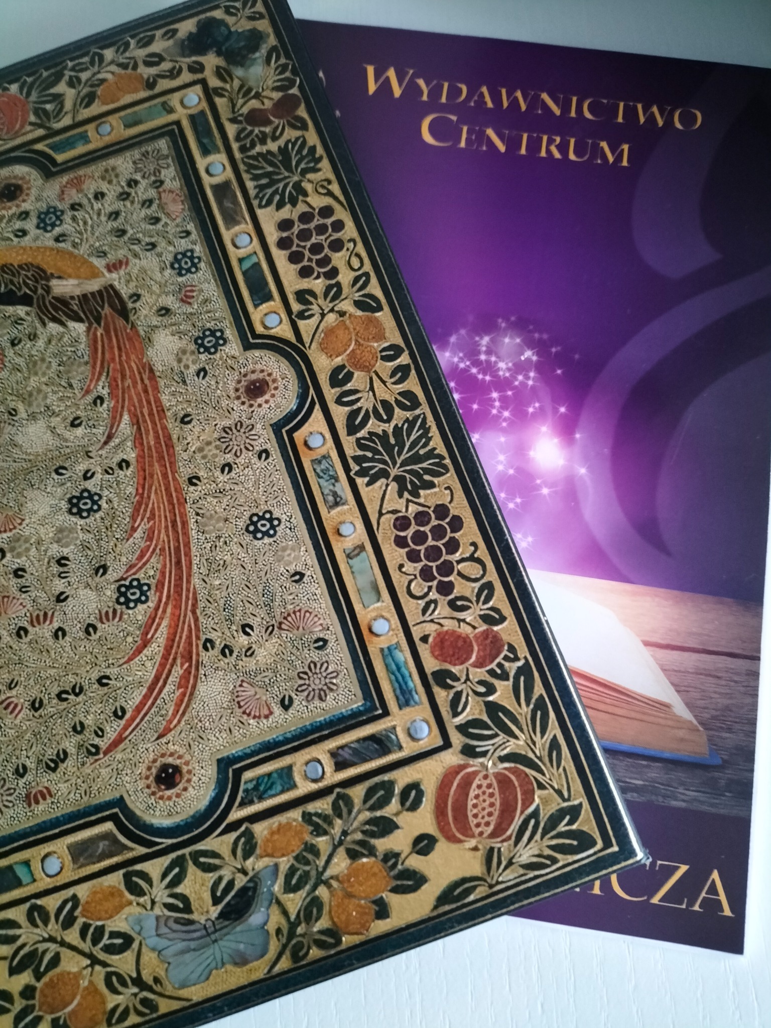 Książka z bogato zdobioną okładką w stylu art nouveau, leżąca na ulotce reklamowej Wydawnictwa Centrum z motywem otwartej książki i magicznego światła.