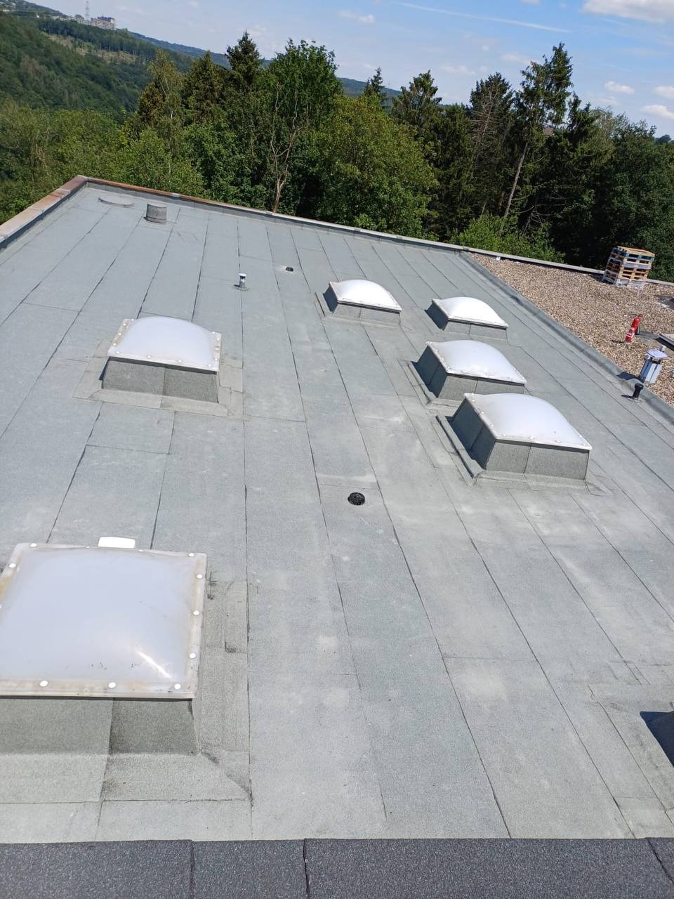 Płaski dach pokryty szarą papą z widocznymi świetlikami dachowymi, w tle zalesione wzgórza i błękitne niebo.