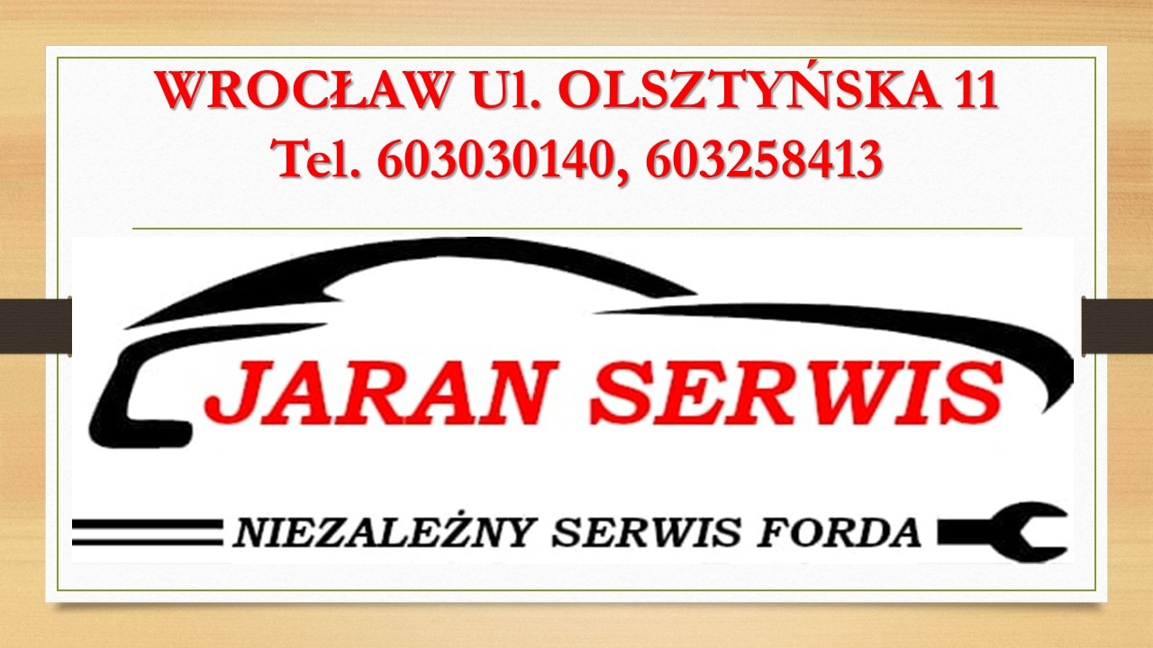 Wizytówka warsztatu samochodowego Jaran Serwis z Wrocławia. Adres, numery telefonów, logo z sylwetką auta i informacją o specjalizacji w Fordach.