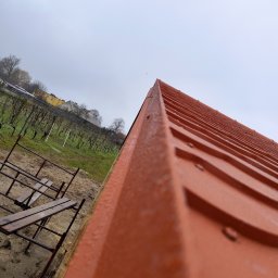 Aurelian Hryszko GOLD BUILD - Fragment pomarańczowego dachu z metalowej dachówki widziany z dołu, w tle rusztowanie, winnica i zabudowania w pochmurny dzień.