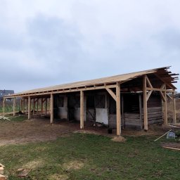 Aurelian Hryszko GOLD BUILD - Wznoszenie drewnianej konstrukcji z częściowo ułożonym dachem na zewnątrz budynku gospodarczego z boksami dla zwierząt, widoczne deski i elementy więźby dachowej.