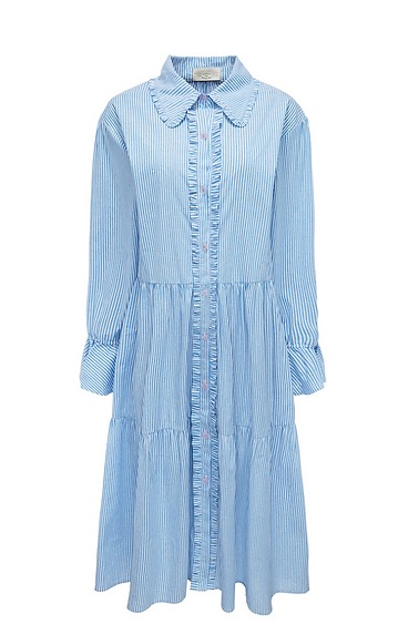 Błękitna sukienka w białe paski z falbankami przy kołnierzyku i guzikach, krój rozszerzany, długi rękaw z mankietami, styl retro.