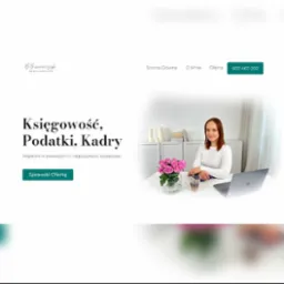 Fragment strony internetowej Pani Beaty Biernaczyk z Leszna, prezentujący nagłówek z logo, menu nawigacyjne i zdjęcie właścicielki siedzącej przy biurku z laptopem, kwiatami i napojem.