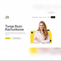 Projekt strony internetowej z uśmiechniętą kobietą w koszuli, promujący biuro rachunkowe, z elementami graficznymi w kolorze żółtym i białym.