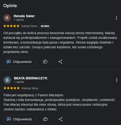 Zrzut ekranu dwóch pozytywnych opinii klientek z Google Moja Firma, chwalących profesjonalizm i zaangażowanie przy tworzeniu strony internetowej oraz nowoczesny i intuicyjny efekt.