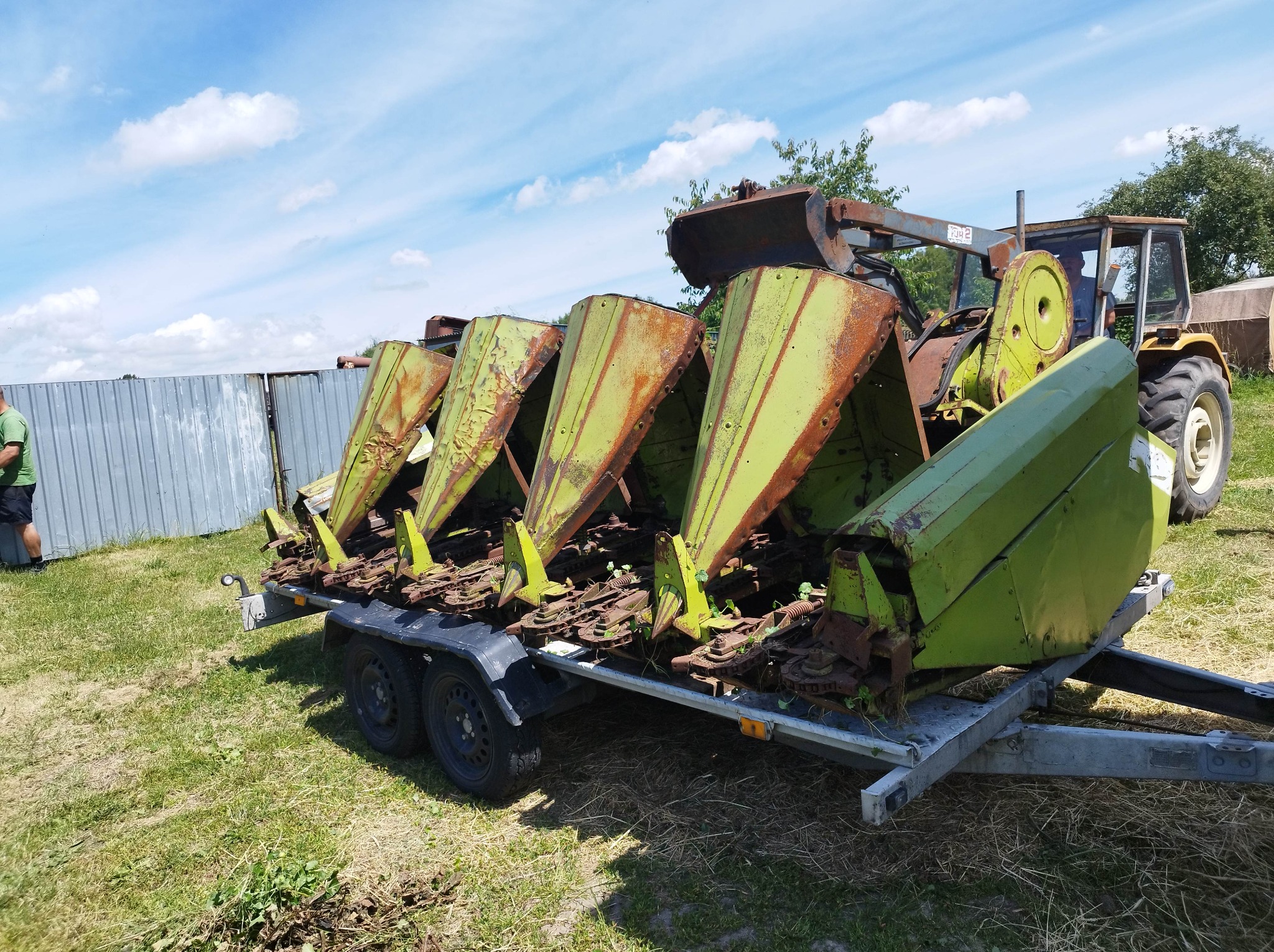 Przyczepa z zamontowanym, używanym zespołem żniwnym do kukurydzy w kolorze zielonym i żółtym, z widocznymi śladami rdzy, zaparkowana na trawie w słoneczny dzień.