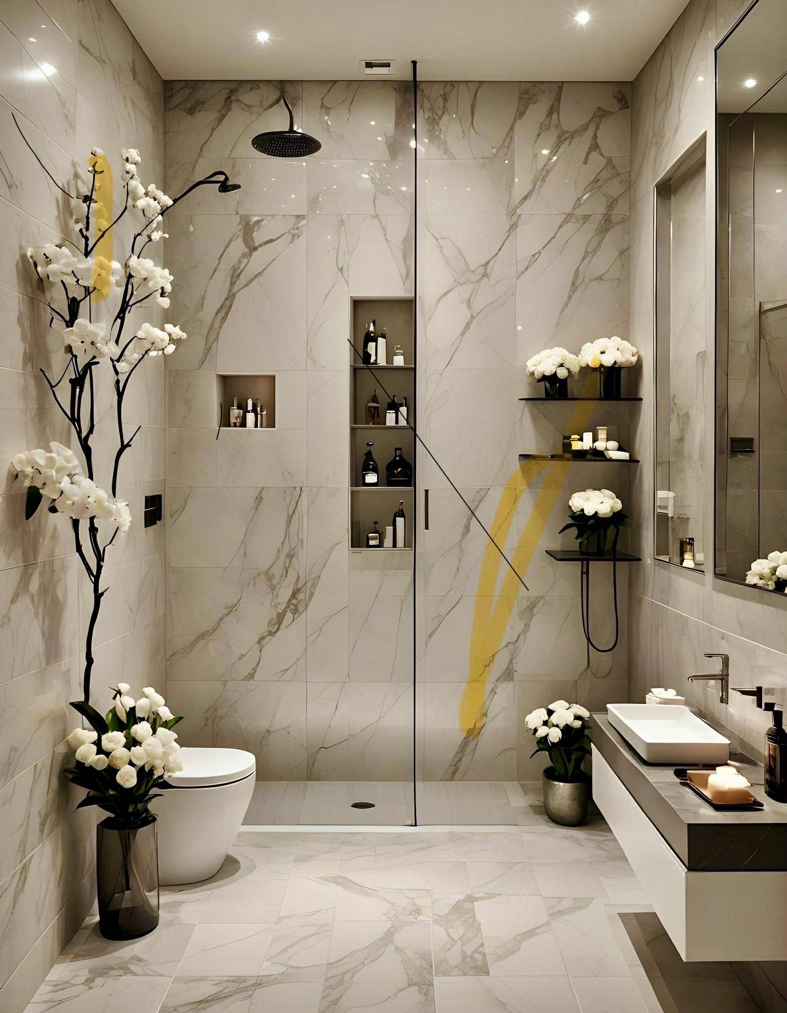 Elegancka łazienka z marmurowymi płytkami, kabiną prysznicową typu walk-in, wiszącą toaletą i umywalką. Aranżację dopełniają kwiaty i wbudowane półki.