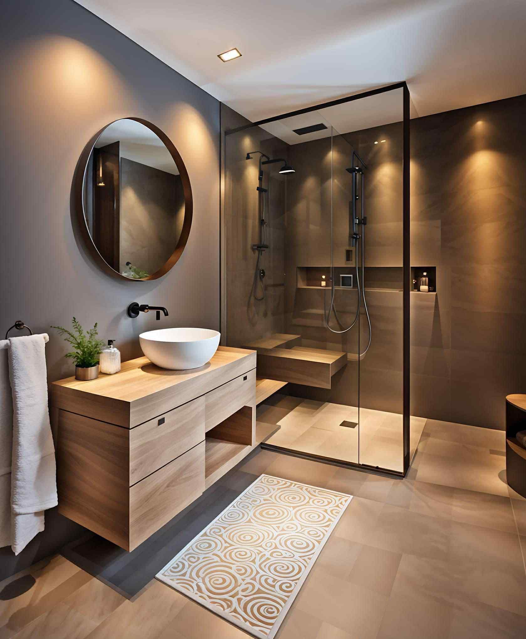 Nowoczesna łazienka z kabiną prysznicową typu walk-in, drewnianą szafką pod umywalkę i okrągłym lustrem. Minimalistyczny design, stonowana kolorystyka i punktowe oświetlenie.