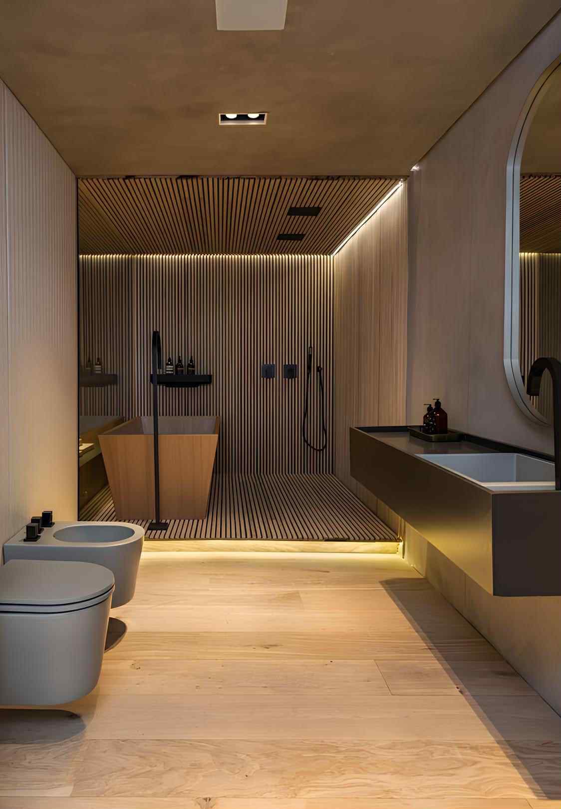 Nowoczesna łazienka z drewnianą wanną i podświetleniem LED, eleganckie wykończenie, minimalistyczny design, armatura w kolorze czarnym, jasne drewno na podłodze.