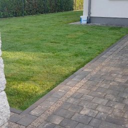 ErdeLux - Zadbany, soczyście zielony trawnik obok ścieżki z ciemnej kostki brukowej z ozdobnym pasem z jasnego kruszywa, przy nowoczesnym białym domu.