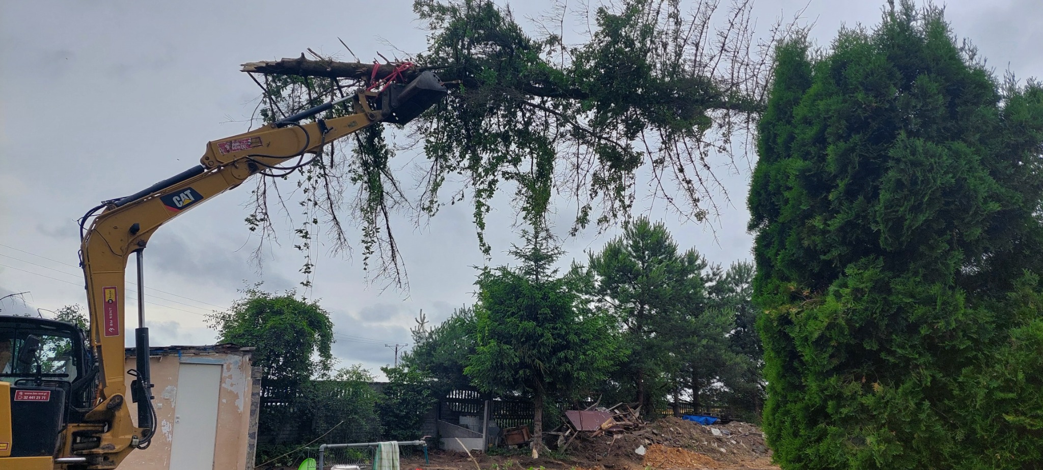 Żółta koparka CAT podnosi złamane drzewo z czerwonymi linami w tle krajobrazu z drzewami i rozbiórką budynku.