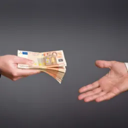 Ręka w ciemnej marynarce wręcza plik banknotów 50 euro otwartej dłoni w białej koszuli na szarym tle.