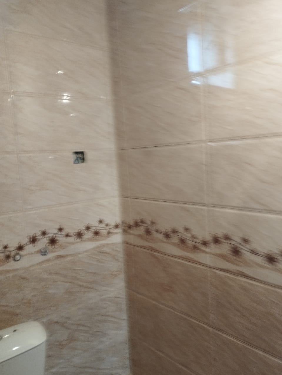 Beżowe, błyszczące płytki ceramiczne w łazience, z dekoracyjnym motywem kwiatowym wzdłuż ściany, widoczny fragment toalety w dolnym rogu.