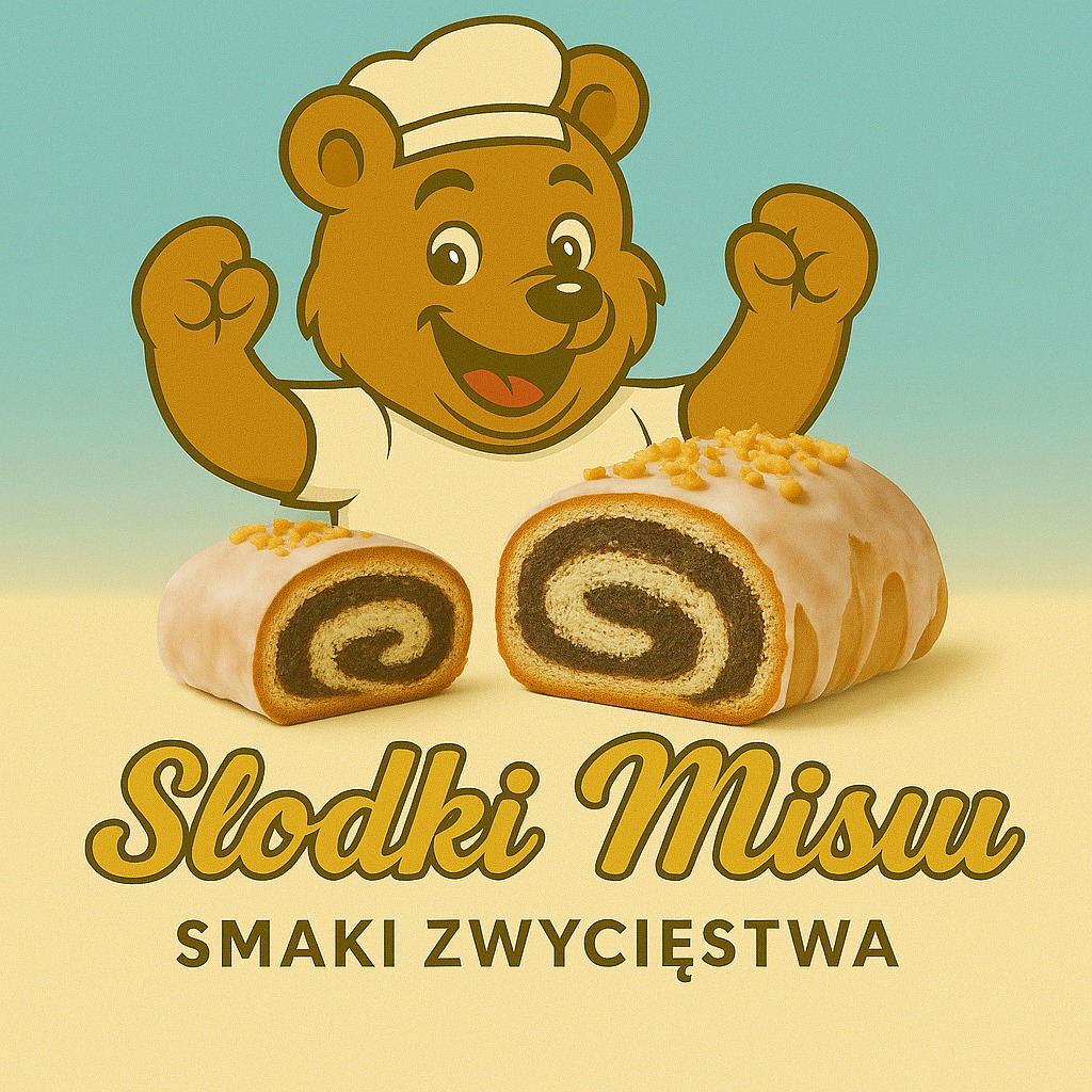 Retro grafika: uśmiechnięty niedźwiedź-cukiernik prezentuje dwa makowce z lukrem i posypką. Napis 'Słodki Misu. Smaki Zwycięstwa' w stylistyce vintage.
