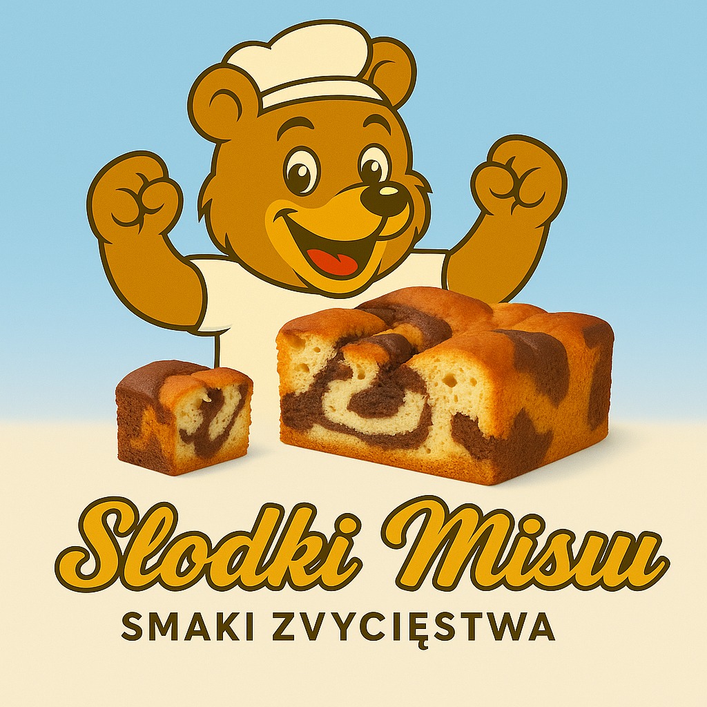 Marmurkowy blok ciasta obok odciętego kawałka, z uśmiechniętym misiem w czapce kucharskiej w tle i napisem 'Słodki Misu. Smaki Zwycięstwa'.
