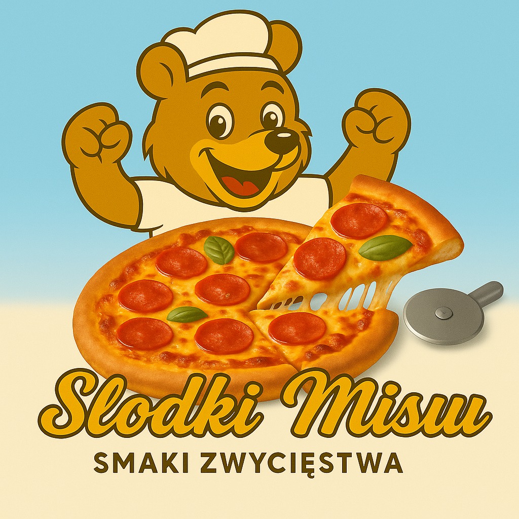 Grafika: Uśmiechnięty niedźwiedź w czapce kucharskiej prezentuje pizzę pepperoni z bazylią i wyciągniętym serem, obok nóż do pizzy. Napis 'Słodki Misu. Smaki Zwycięstwa'.