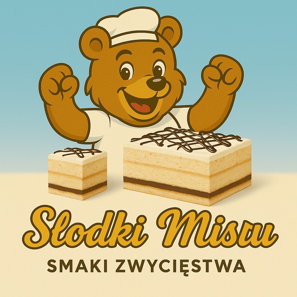 Ilustracja: Uśmiechnięty niedźwiedź w czapce kucharskiej prezentuje dwa kwadratowe ciastka z kremem i czekoladową dekoracją. Napis 'Słodki Misiu. Smaki Zwycięstwa'.