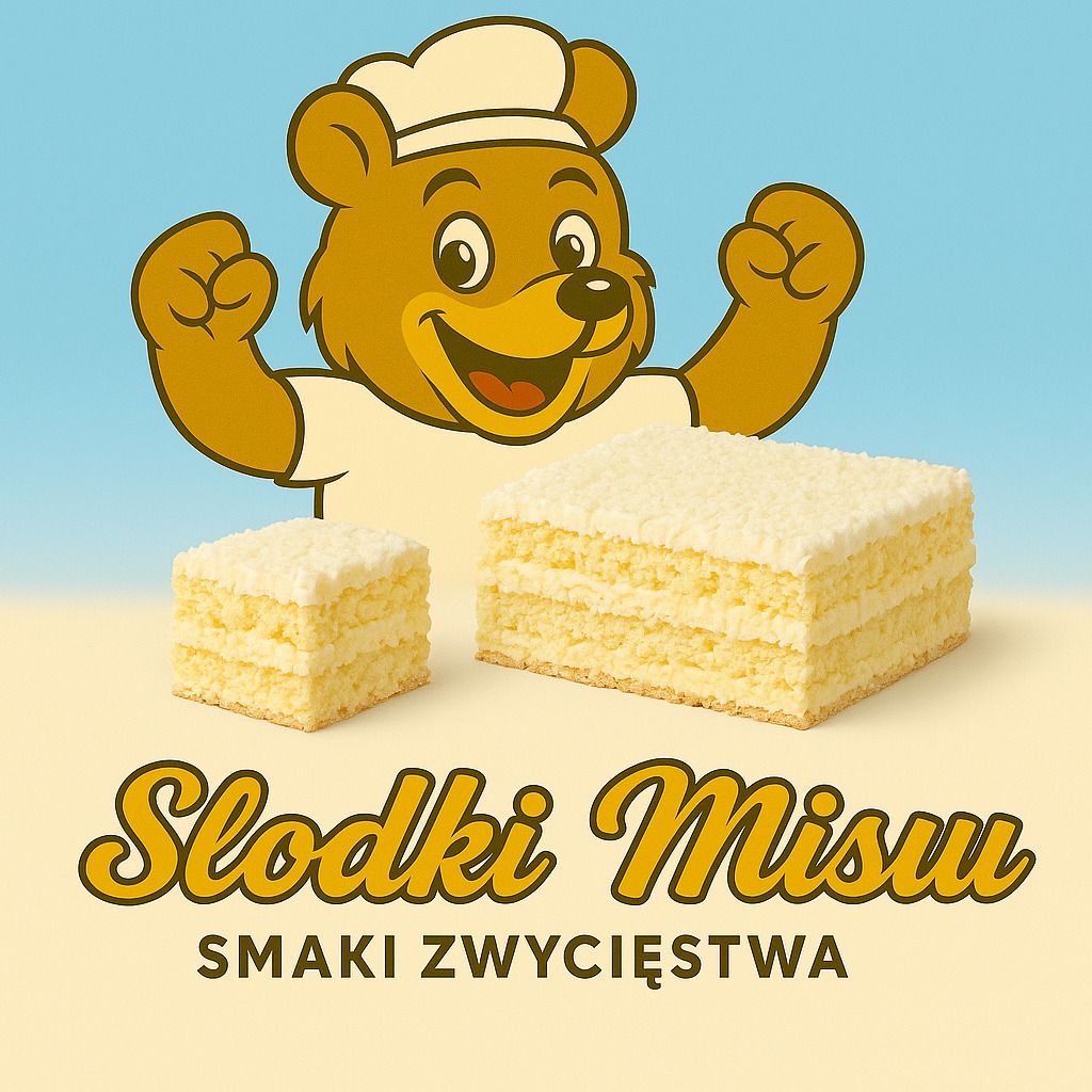 Grafika z ciastami 'Słodki Misu' i wizerunkiem misia-cukiernika na tle błękitno-kremowym. Napis 'Smaki Zwycięstwa' w dolnej części.