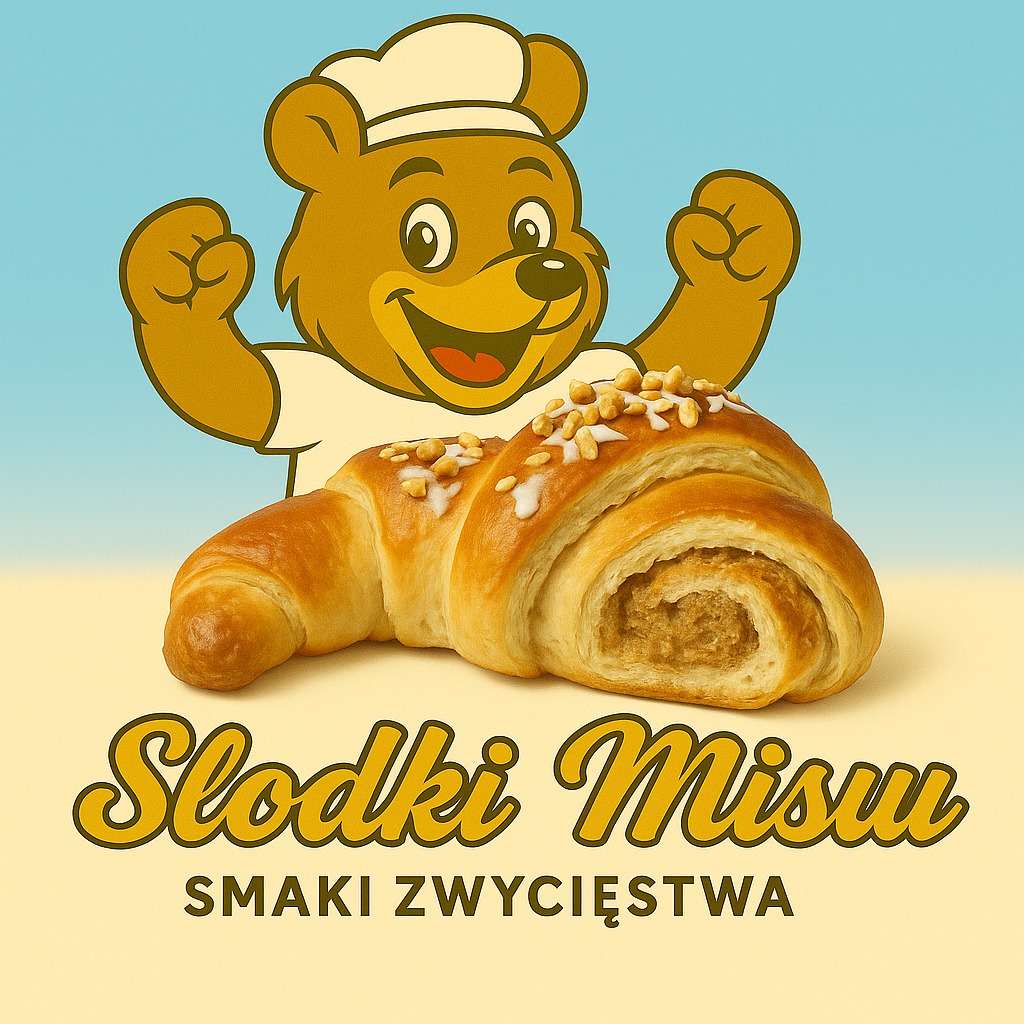 Rogal z nadzieniem i posypką orzechową na tle grafiki z misiem w czapce kucharskiej i napisem 'Słodki Misu - Smaki Zwycięstwa'.