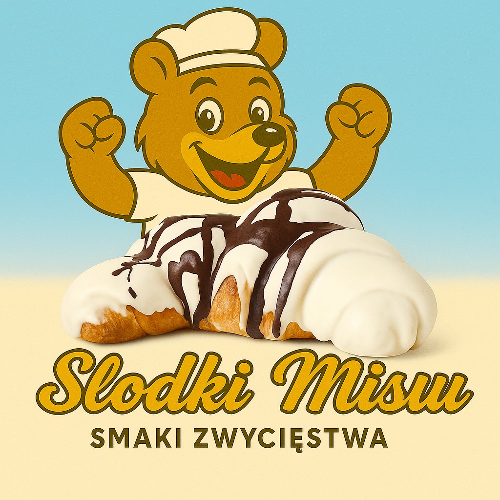 Grafika: Miś-cukiernik z rogalami polanymi białą i czekoladową polewą. Napis 'Słodki Misiu - Smaki Zwycięstwa'. Pastelowe tło, ciepłe kolory, styl retro.