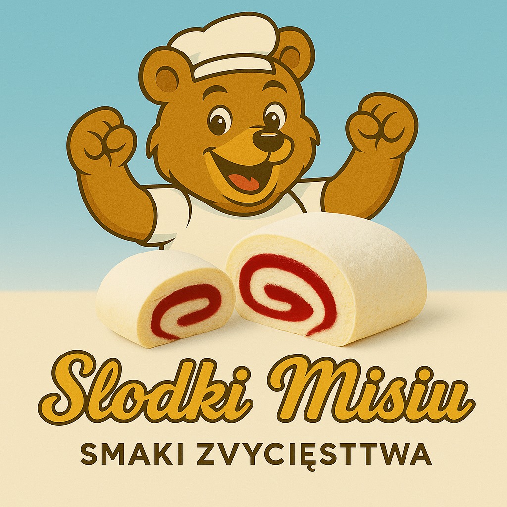 Grafika: Uśmiechnięty niedźwiedź-cukiernik prezentuje roladę z dżemem. Napis 'Słodki Misiu. Smaki Zwycięstwa' w stylu retro. Jasne, pastelowe tło.