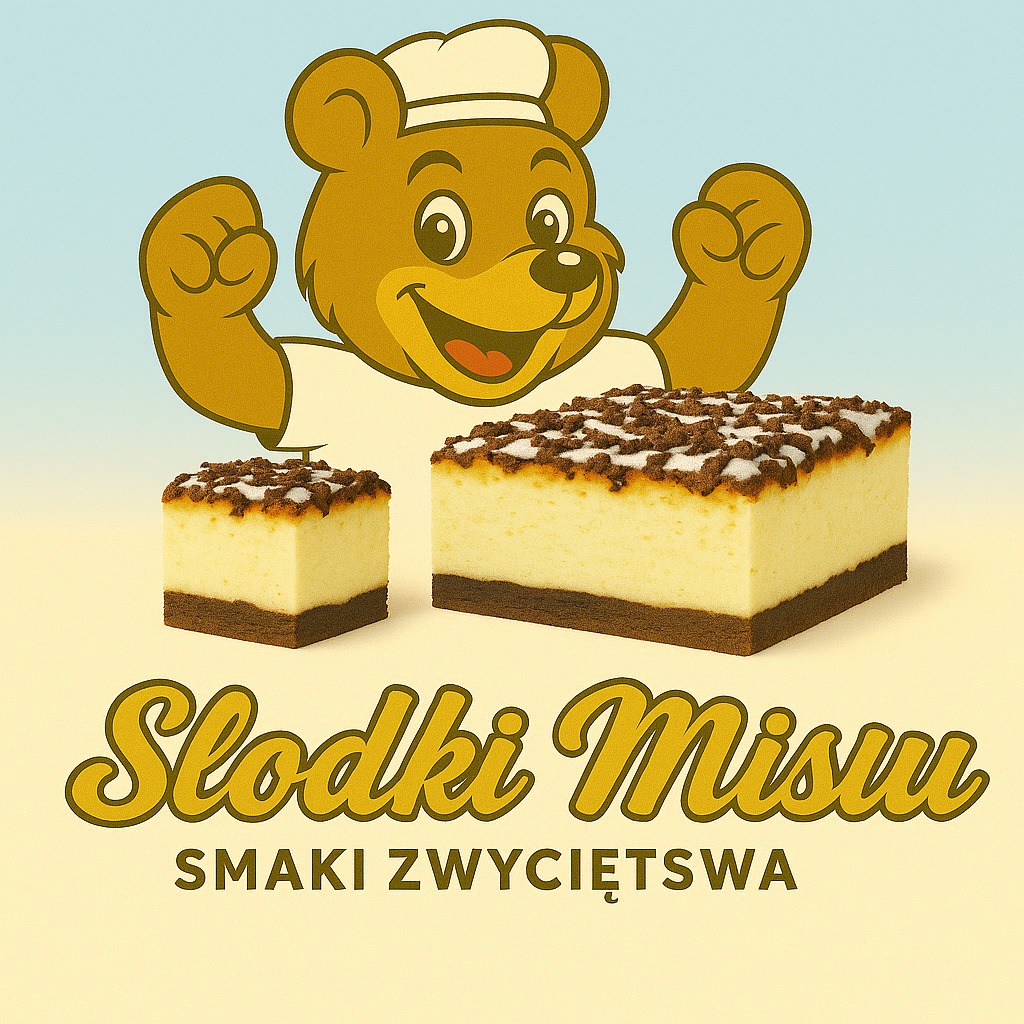 Grafika z uśmiechniętym misiem w czapce kucharskiej, prezentująca dwa kawałki sernika z kruszonką i napisem 'Słodki Misiu. Smaki Zwycięstwa'.