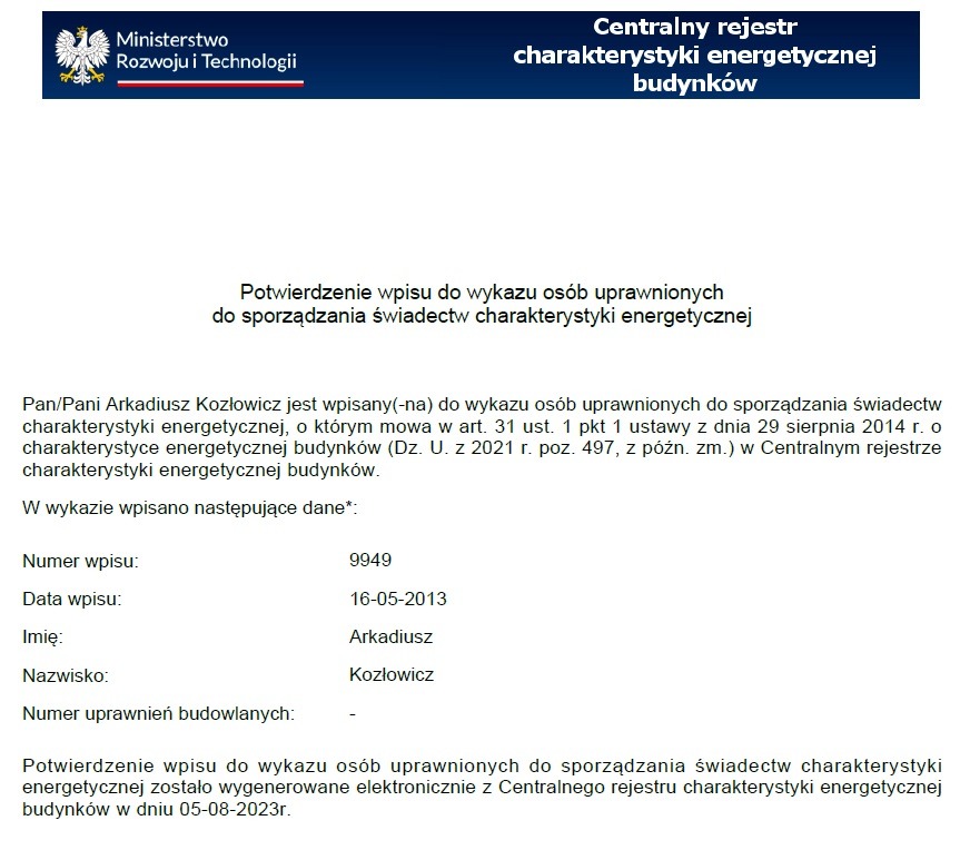Potwierdzenie wpisu do wykazu osób uprawnionych do sporządzania świadectw charakterystyki energetycznej z danymi osobowymi i numerem wpisu.