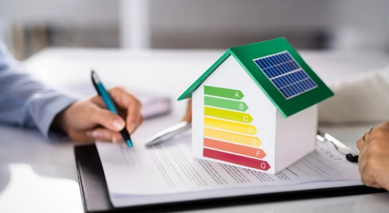 Osoba wypełnia dokument obok modelu domu z panelami słonecznymi i oznaczeniami klasy energetycznej A-G.