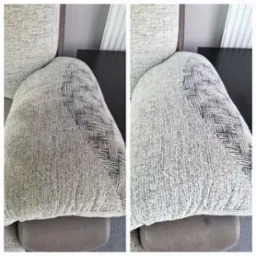 Porównanie fragmentu kanapy przed i po czyszczeniu. Po lewej stronie widoczny brudny, szary materiał z wzorem, po prawej - jaśniejszy, czysty materiał po zabiegu.