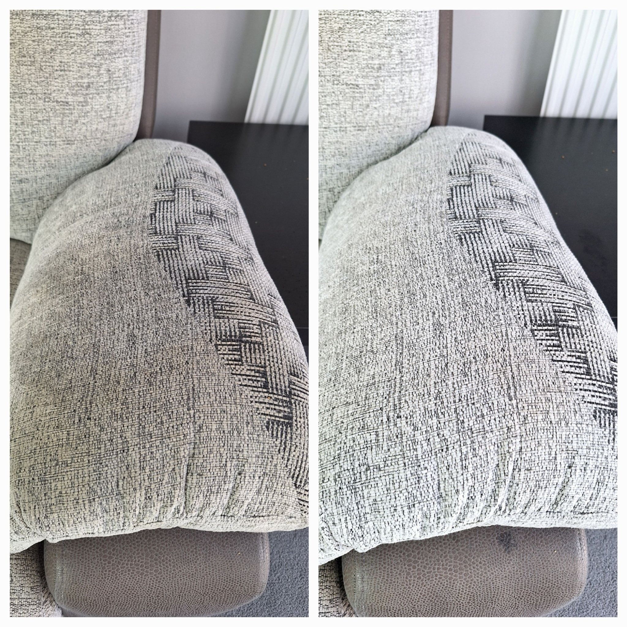 Porównanie fragmentu kanapy przed i po czyszczeniu. Po lewej stronie widoczny brudny, szary materiał z wzorem, po prawej - jaśniejszy, czysty materiał po zabiegu.