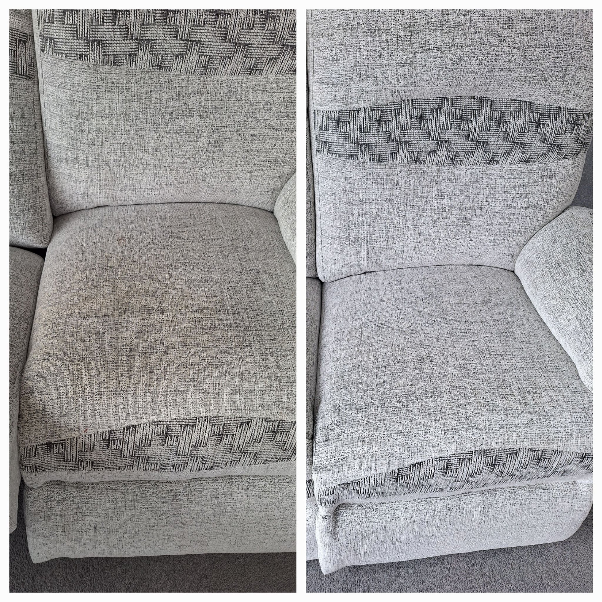 Porównanie fotela tapicerowanego w odcieniach szarości przed i po praniu, widoczna wyraźna różnica w czystości tkaniny.
