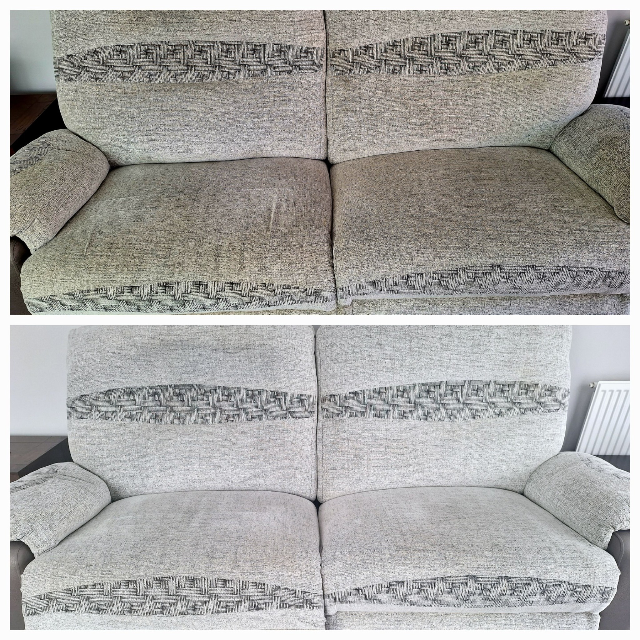 Porównanie przed i po prania kanapy w Ożarowie Mazowieckim. Górna część zdjęcia przedstawia zabrudzoną kanapę, dolna - efekt po czyszczeniu.